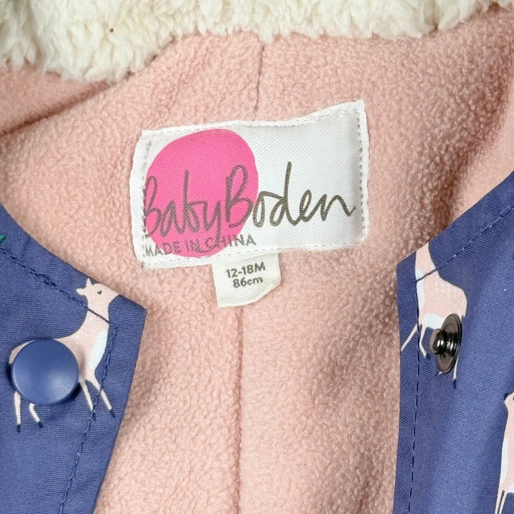 Baby‎ Boden Snowsuit Kids 12-18 Mos Navy Blue Deer Print Fleece Lined Bunting